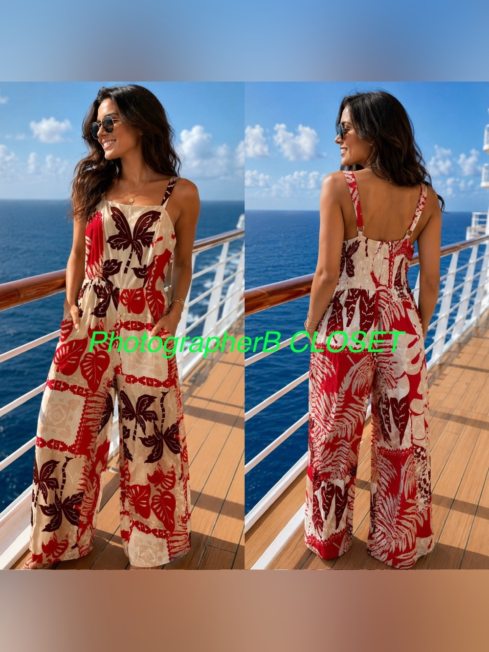 Luxology Red and Cream Tropical Print Jumpsuit with pockets small